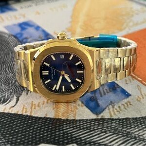 Men’s Luxury Steel Automatic Watch Gold Blue Dial Nautilus Style Design 41mm